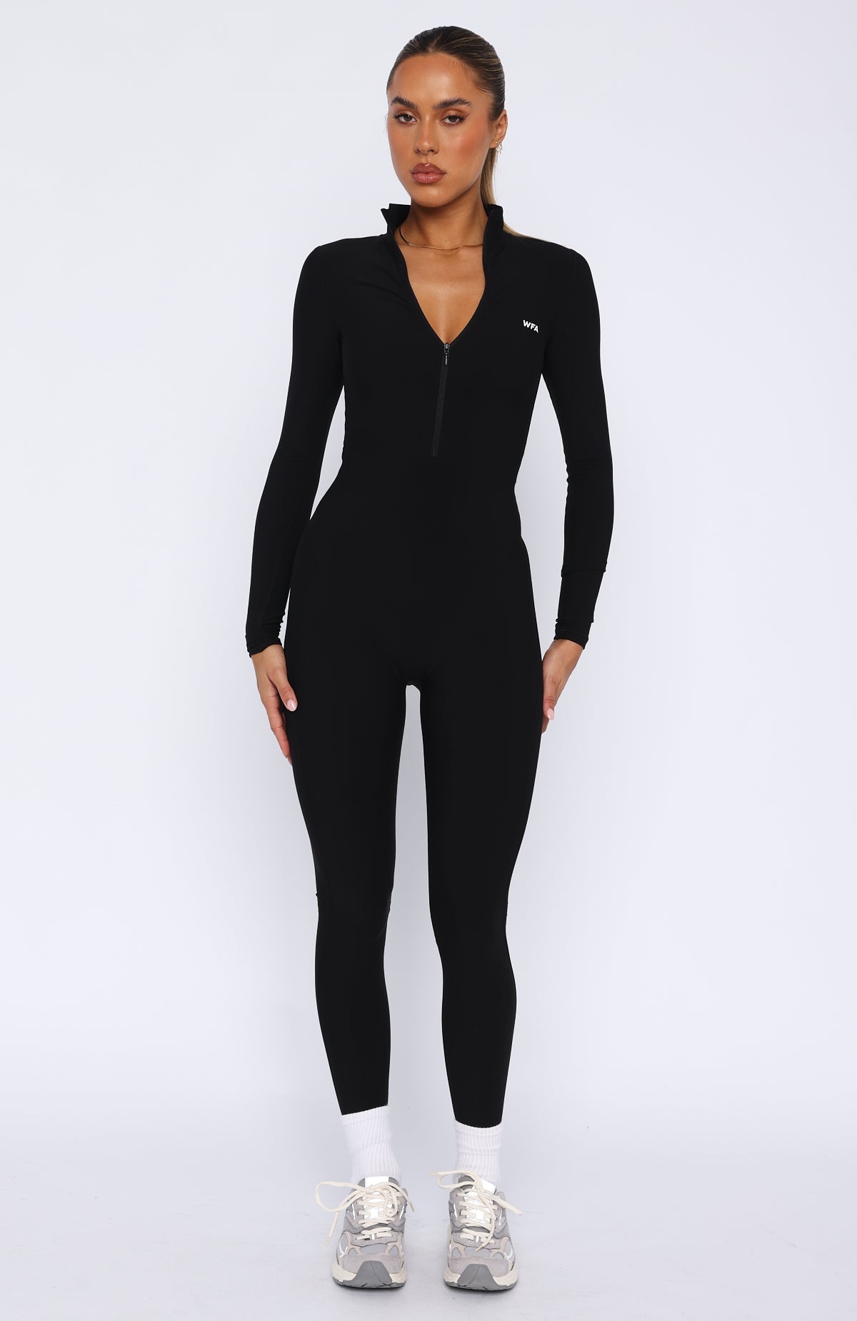 Exceed Long Sleeve Jumpsuit Black | White Fox Boutique UK