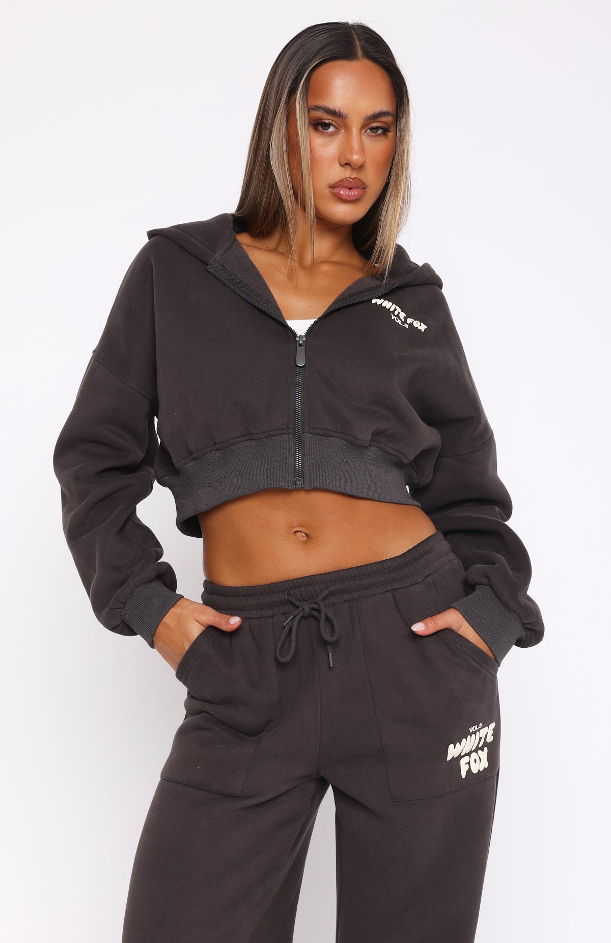 Offstage Cropped Zip Hoodie Shadow | White Fox Boutique UK