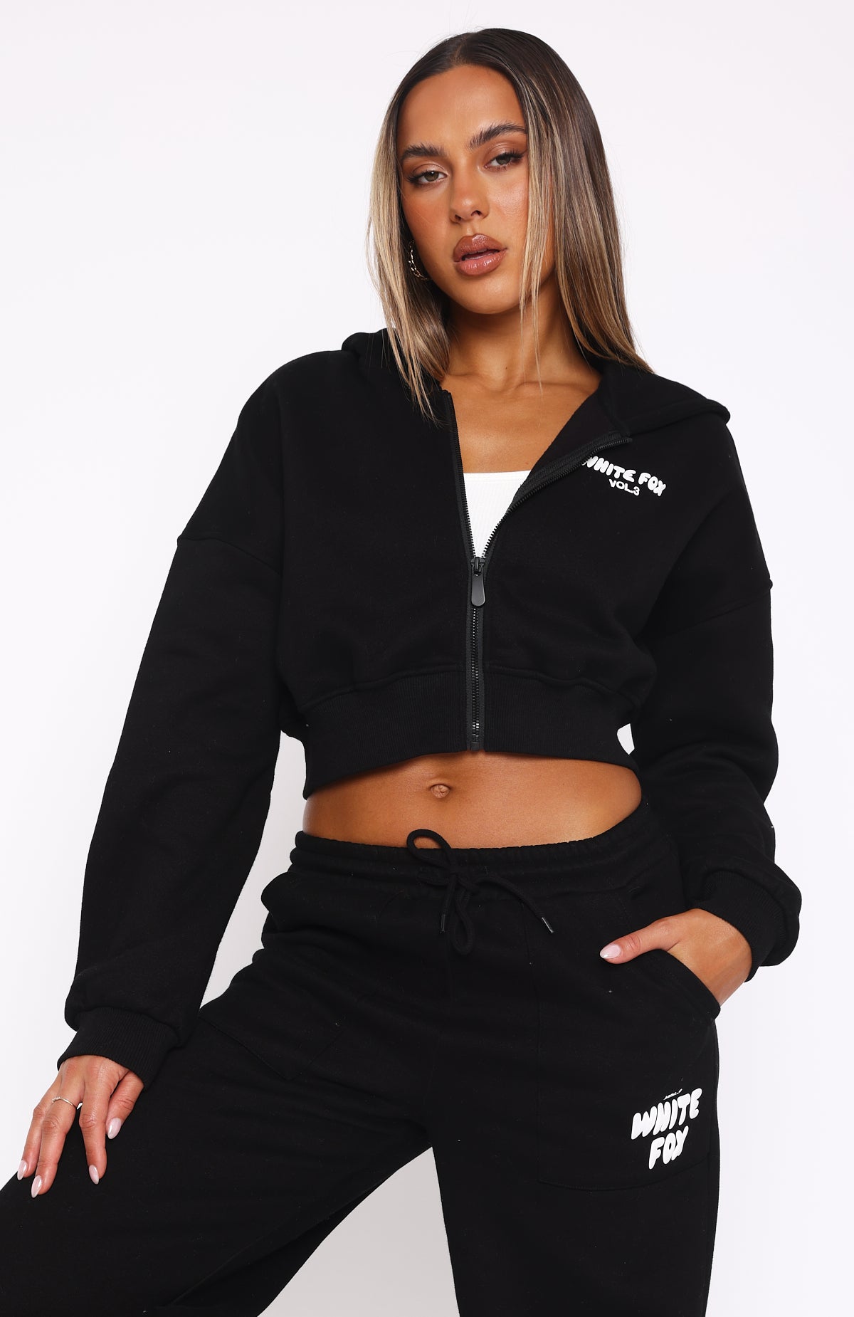 Offstage Cropped Zip Hoodie Monochrome | White Fox Boutique UK