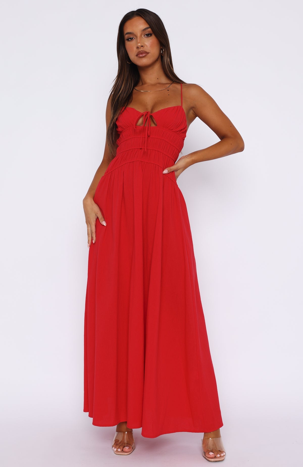 Red spaghetti best sale strap maxi dress