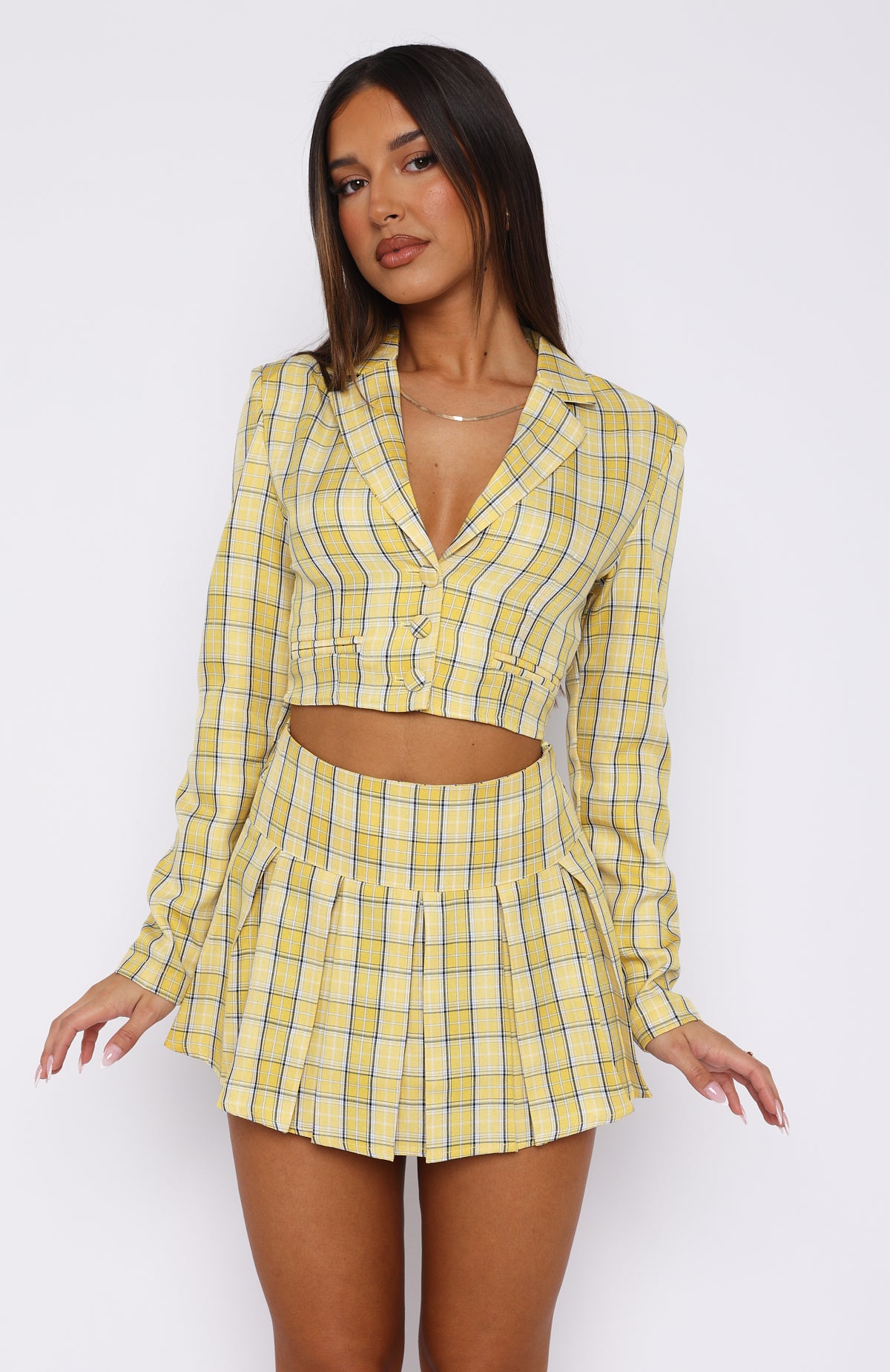 Outfit Yellow Blazer And Skirt Yellow Plaid Blazer And Skirt Set - Main Image