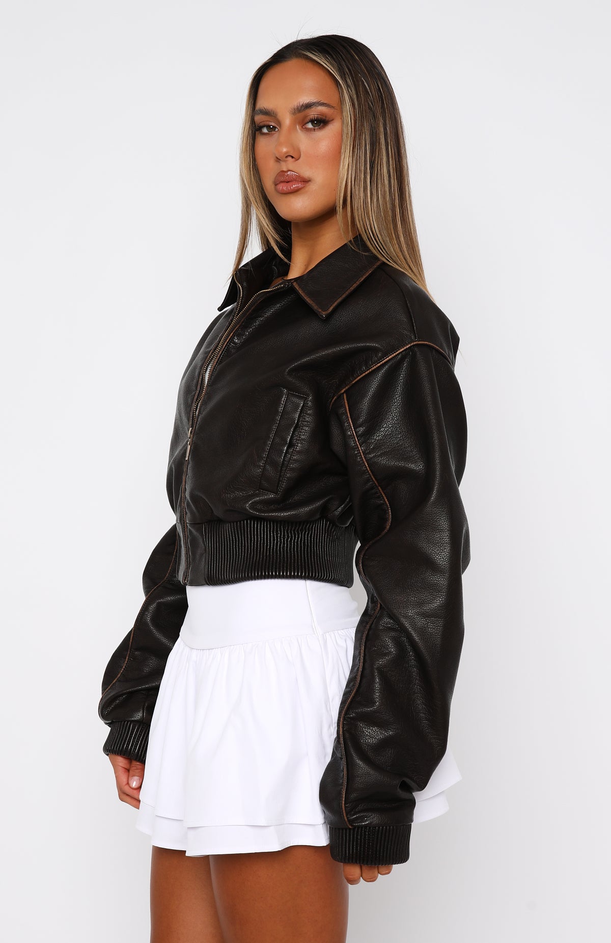 Wise Beyond PU Bomber Jacket Chocolate | White Fox Boutique UK