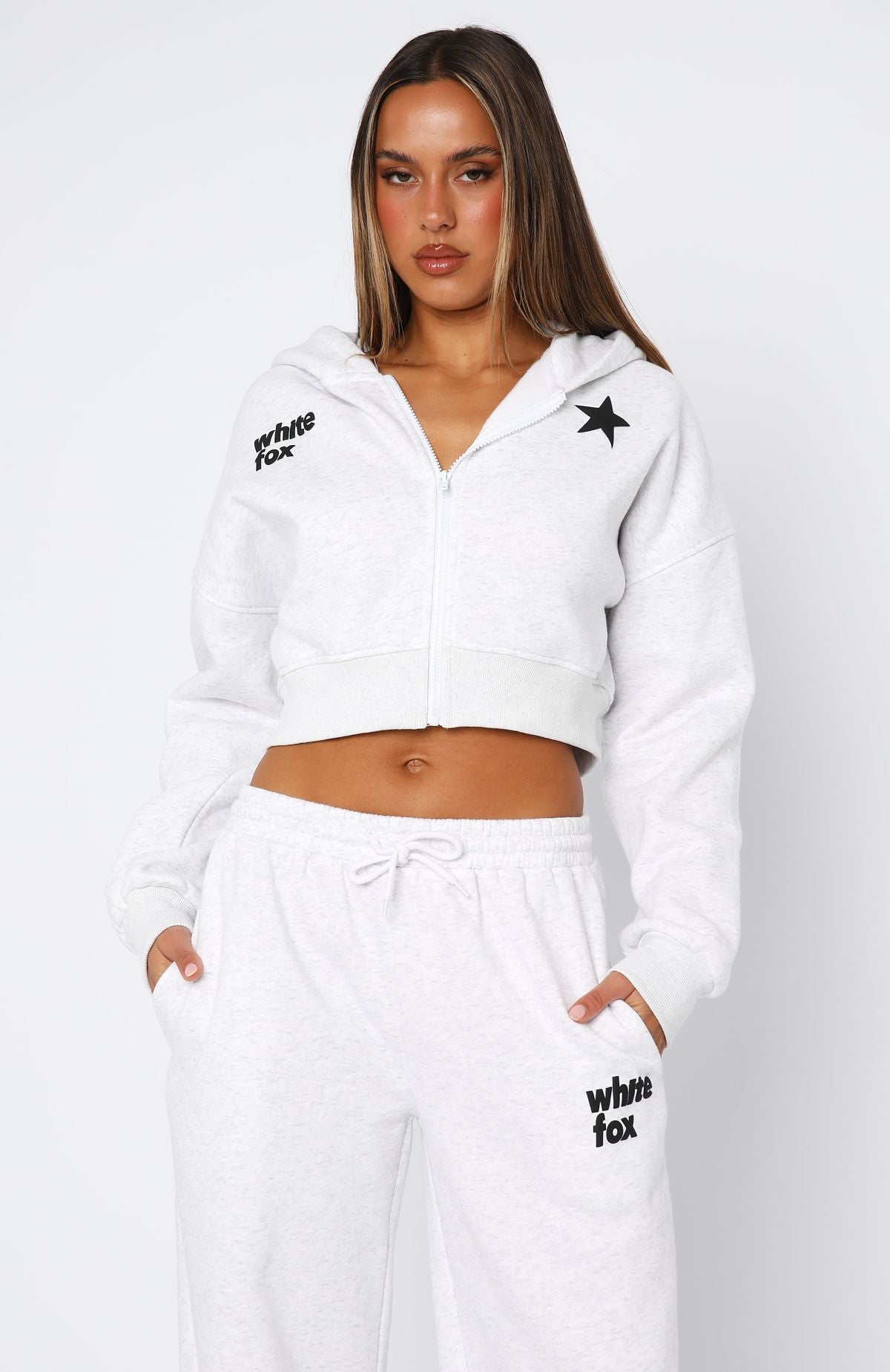 From The Archives Charli Cropped Zip Front Hoodie Grey Marle | White ...