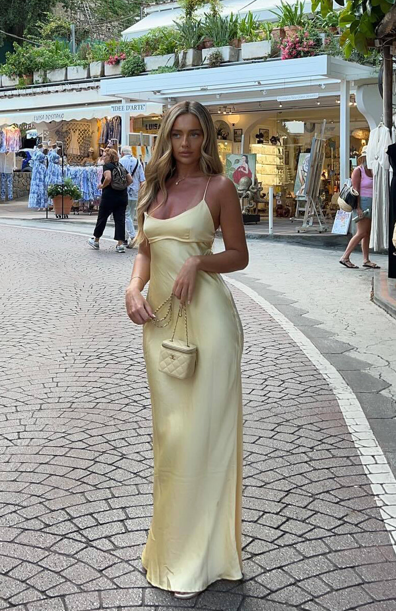 lemon maxi dress uk High Neck Draped Ruched Detail Maxi Dress In Lemon | EGO EU