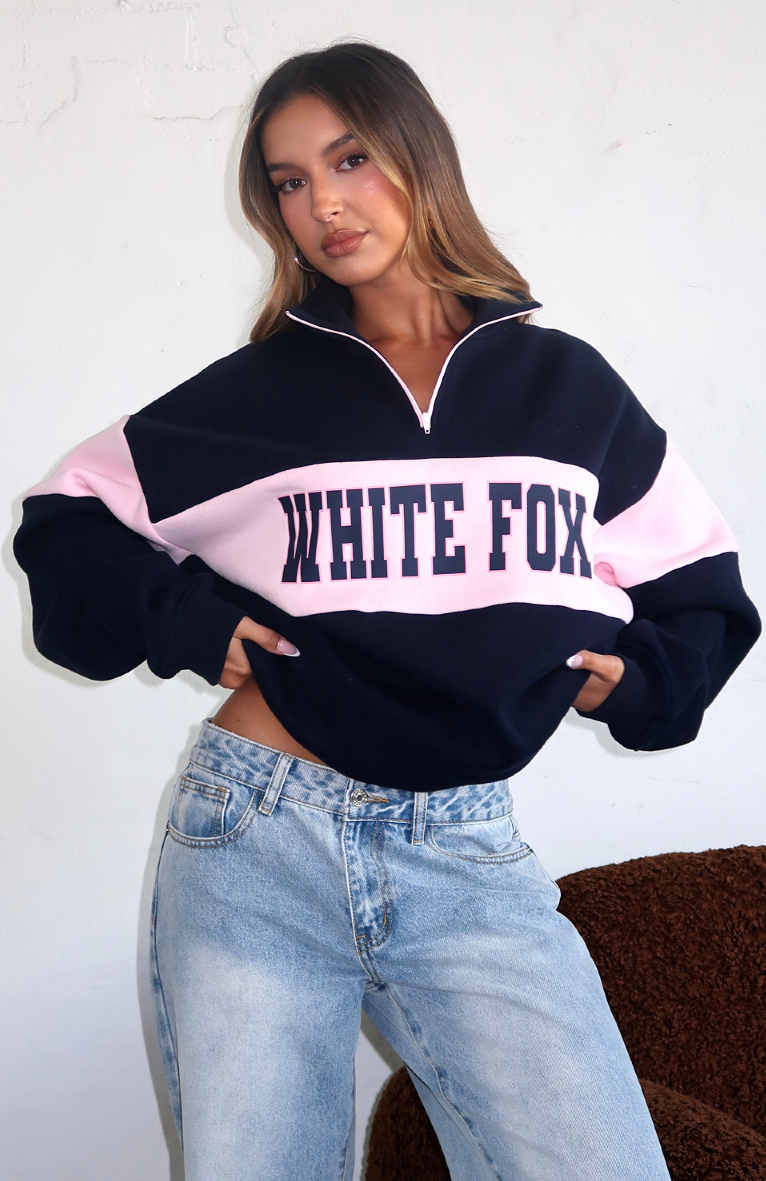 Show Yourself Zip Front Sweater Navy | White Fox Boutique UK