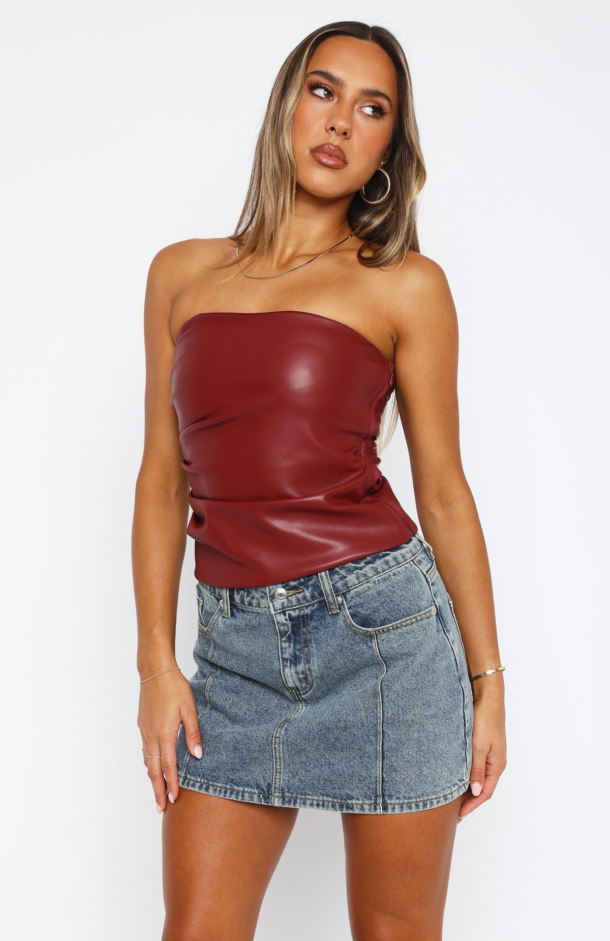 Well Behaved Strapless PU Bustier Wine | White Fox Boutique UK