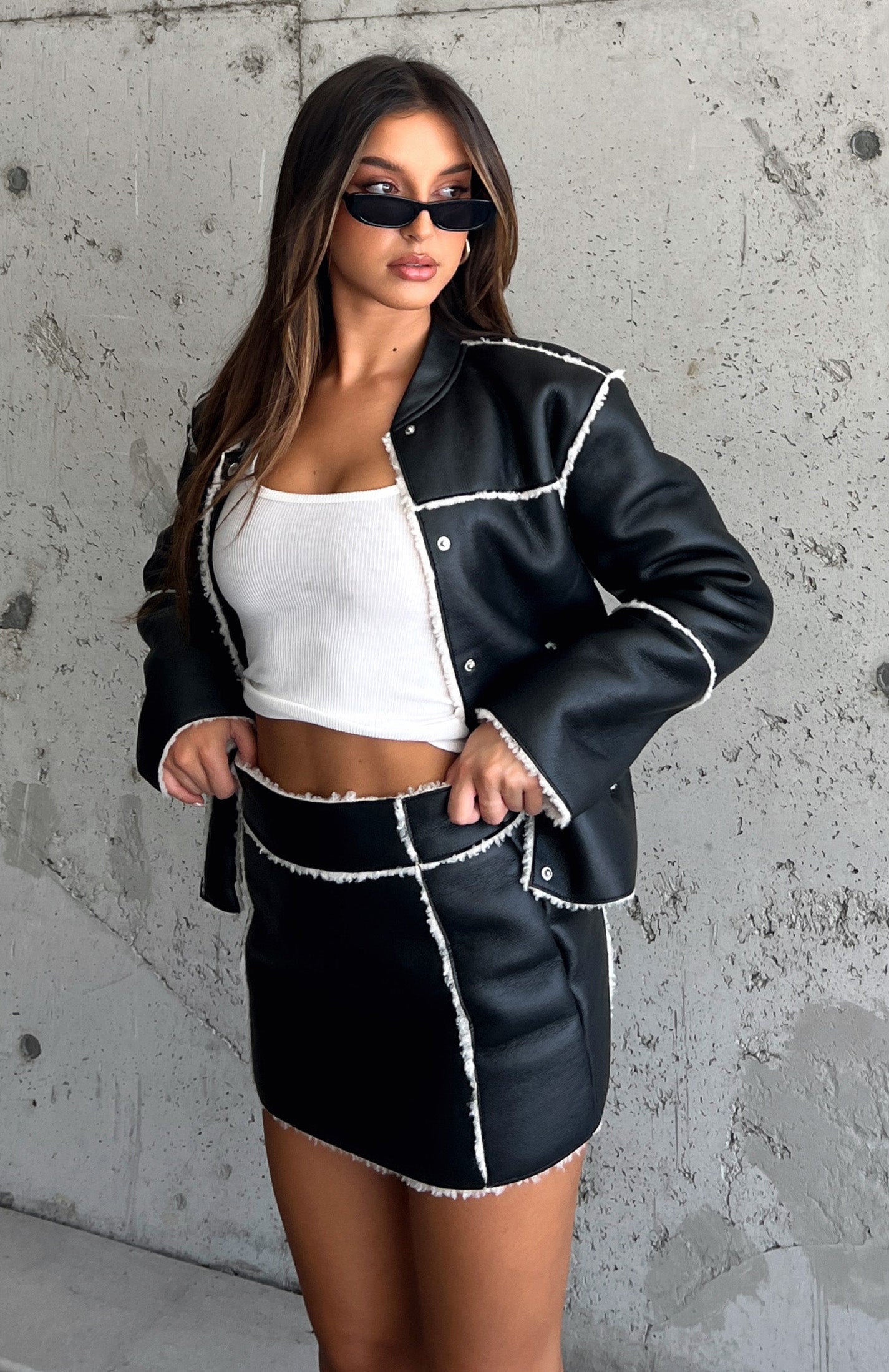 【未使用】THE TOE Peckham Jacket + Skirt Bench Warmers PU Skirt Black | White Fox Boutique UK