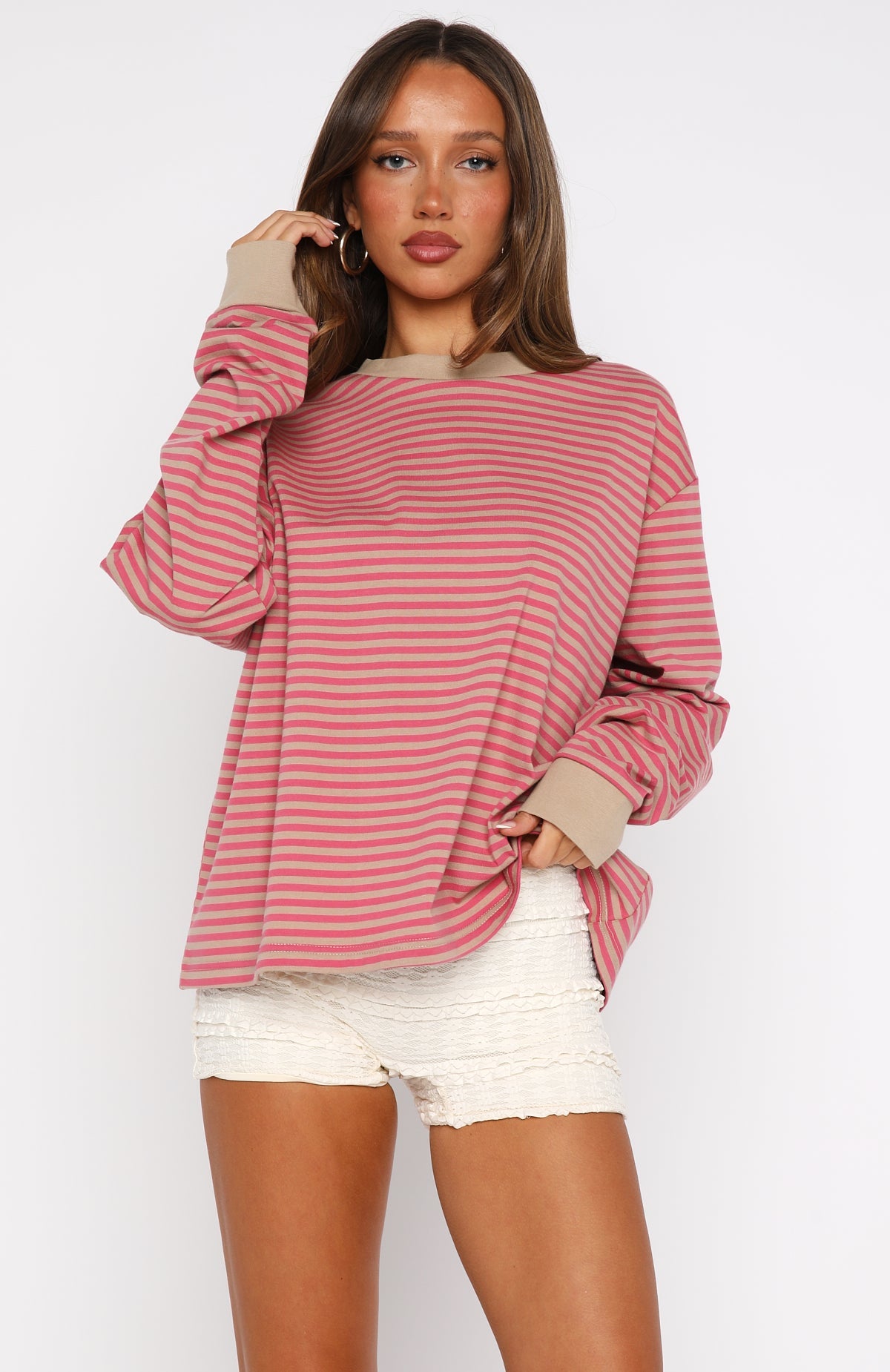 Catch The Drift Long Sleeve Tee Pink/Stone Stripe | White Fox
