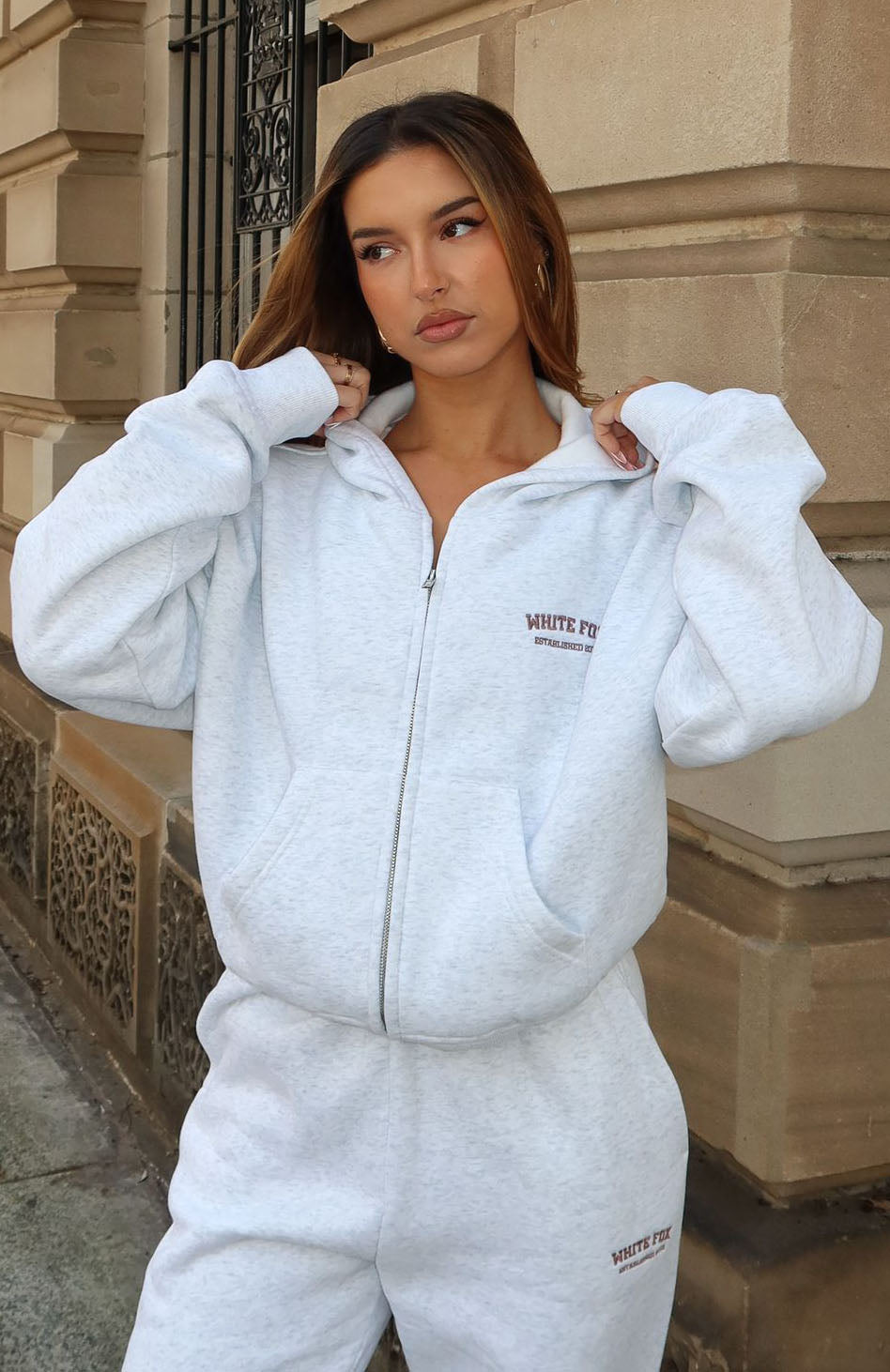 Can't Miss It Boxy Zip Front Hoodie Grey Marle/Rose Gold | White