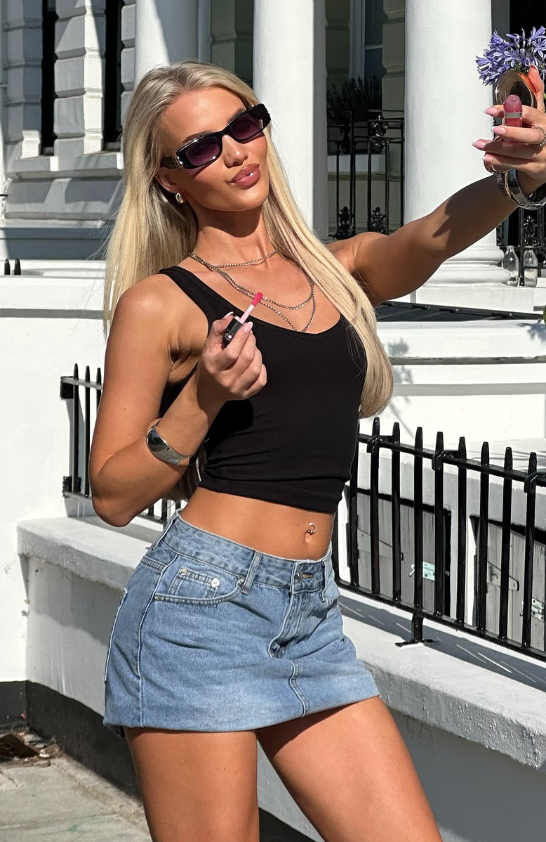 Know It All Low Rise Denim Mini Skirt Mid Blue White Fox Boutique UK