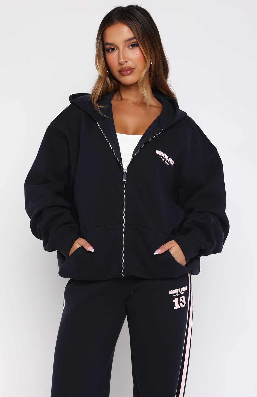 Foxey ♡ FLORA PUFF 38 Lucky Thirteen Charise Zip Front Hoodie Navy | White Fox Boutique UK