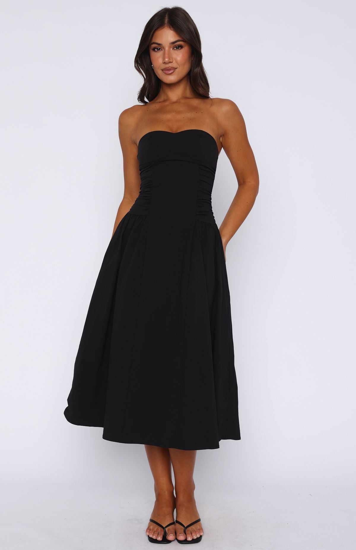 Rich In Love Strapless Midi Dress Black | White Fox Boutique UK