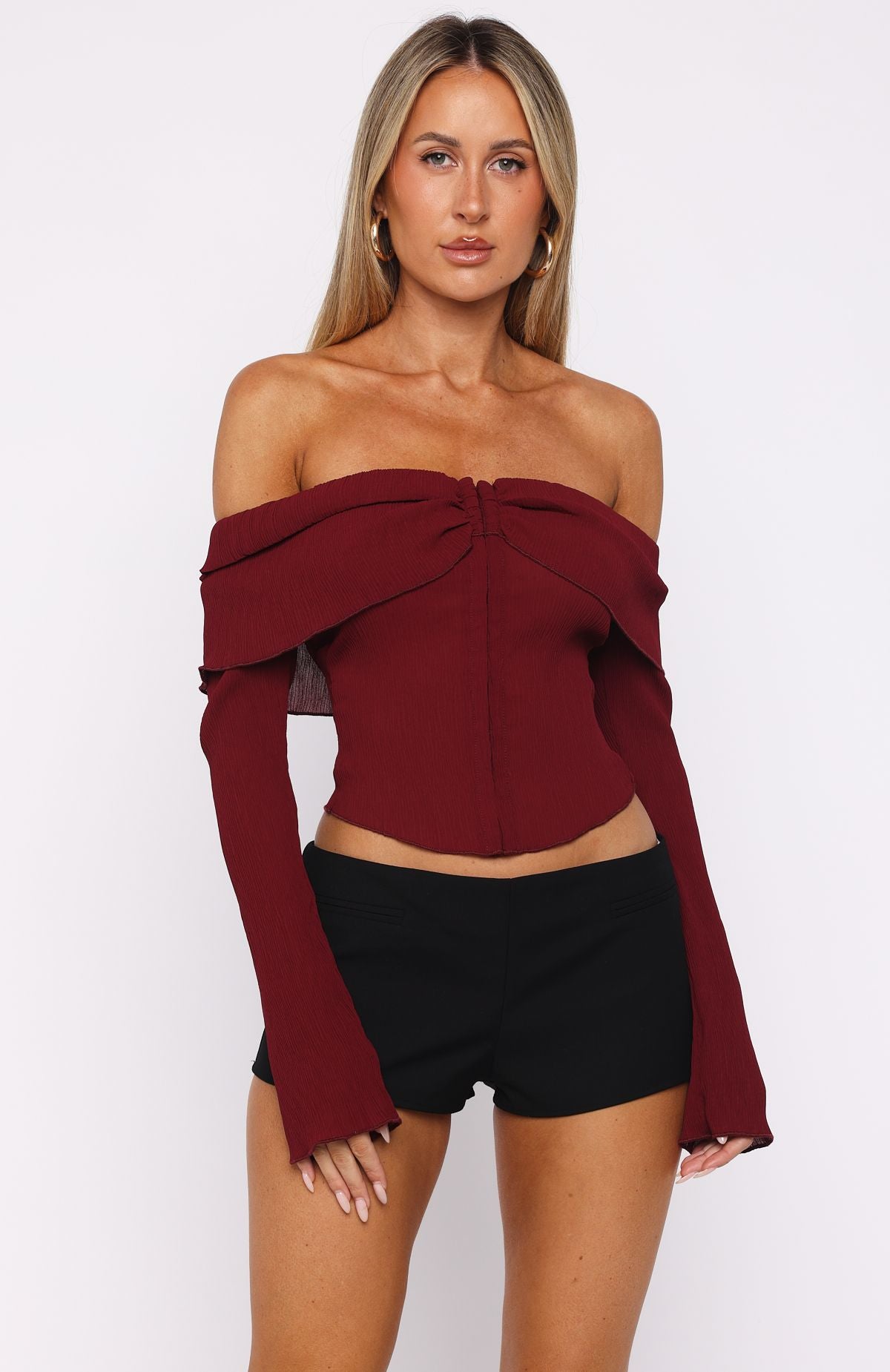 Mood Forever Long Sleeve Off Shoulder Top Burgundy | White Fox