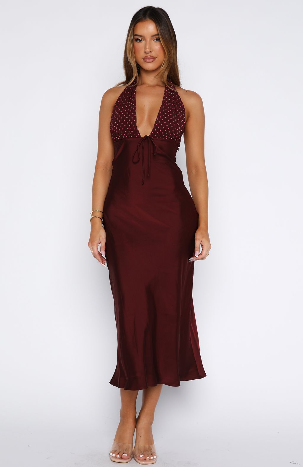 Guess You Miss Me Halter Midi Dress Burgundy/Pink Dot | White Fox Boutique UK Guess You Miss Me Halter Midi Dress Burgundy/Pink Dot | White Fox Boutique UK