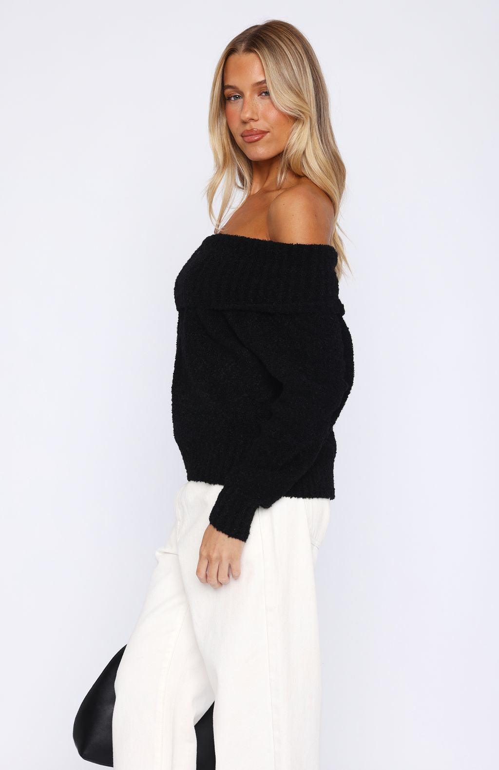 You Don't Need Me Off Shoulder Knit Sweater Black | White Fox