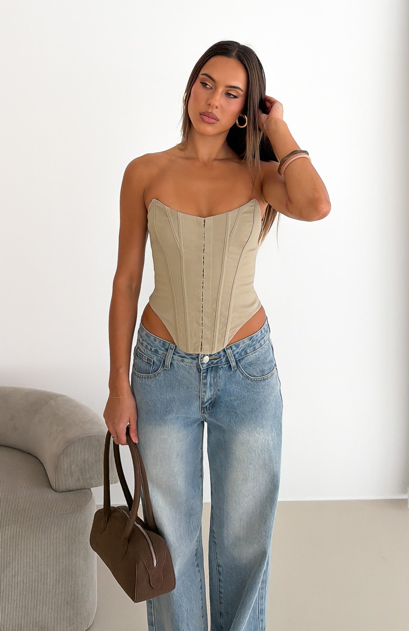 Stripe Nights Strapless Bustier Taupe | White Fox Boutique UK