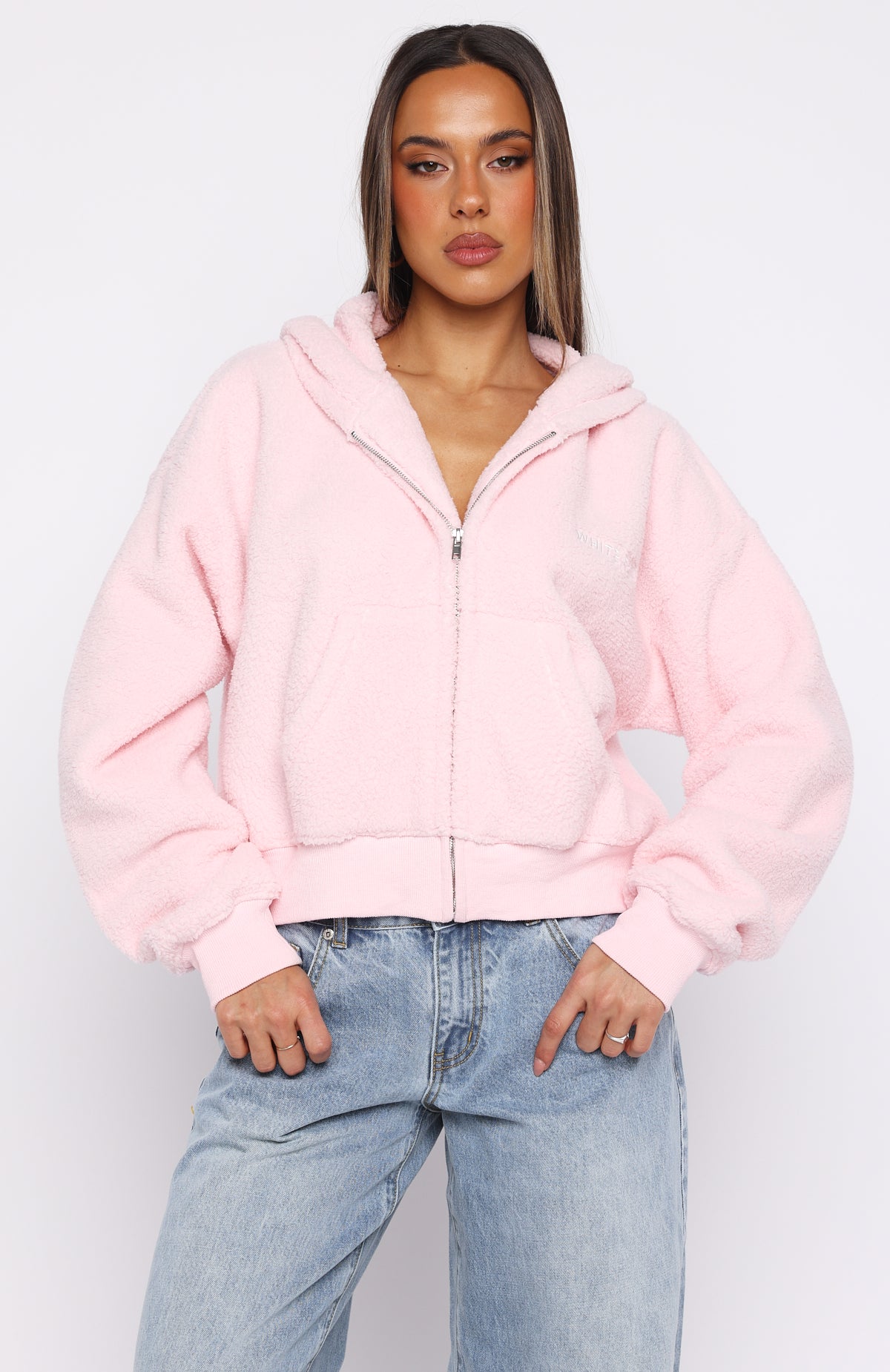Always First Teddy Borg Boxy Zip Front Hoodie Pink | White Fox
