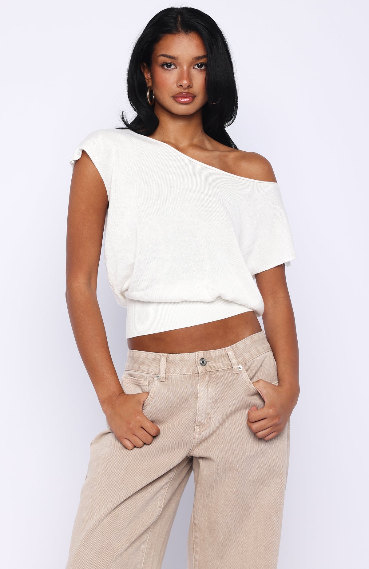 Can't Change My Mind Off Shoulder Cinched Top Off White | White