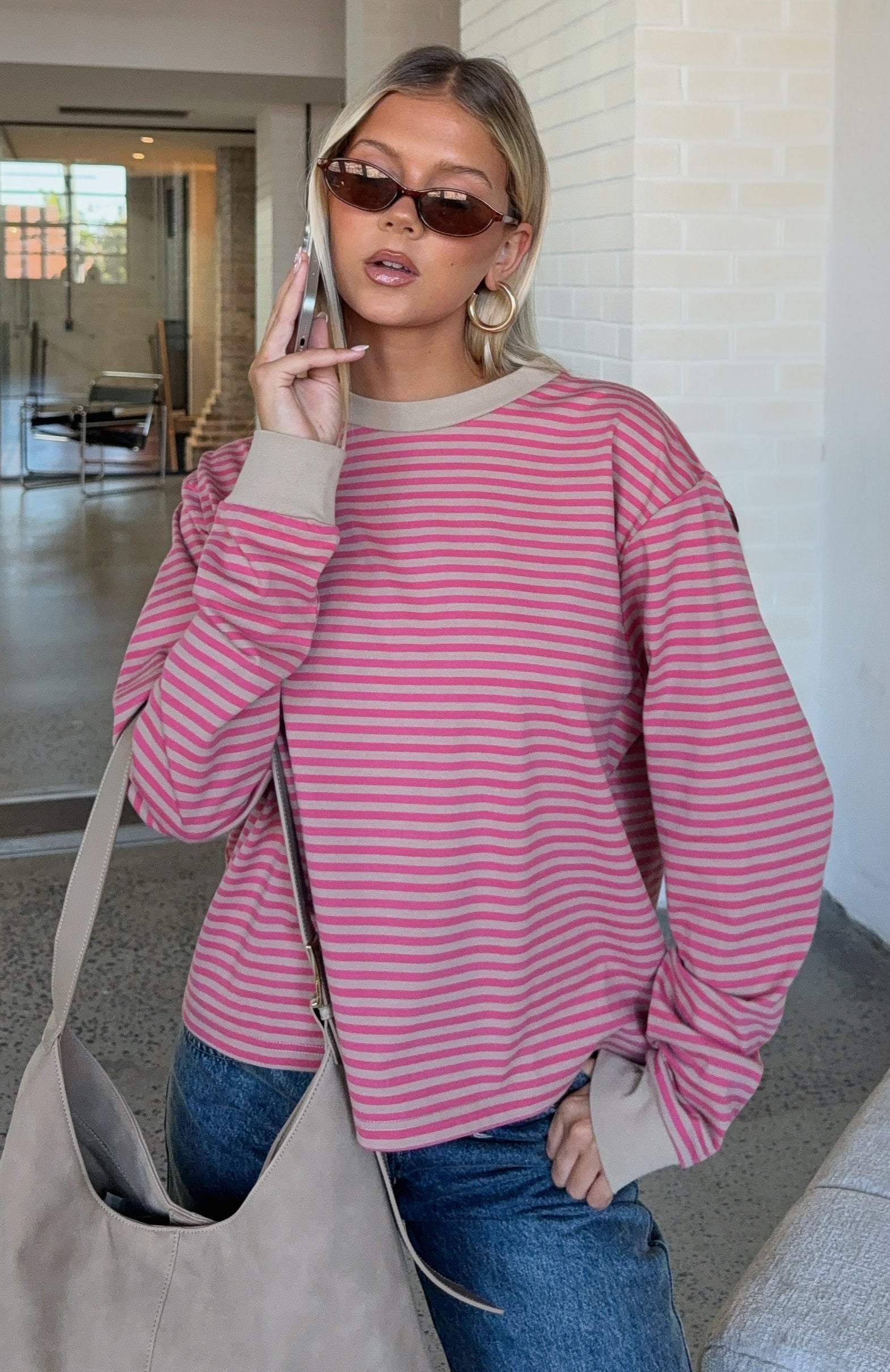 Catch The Drift Long Sleeve Tee Pink/Stone Stripe | White Fox