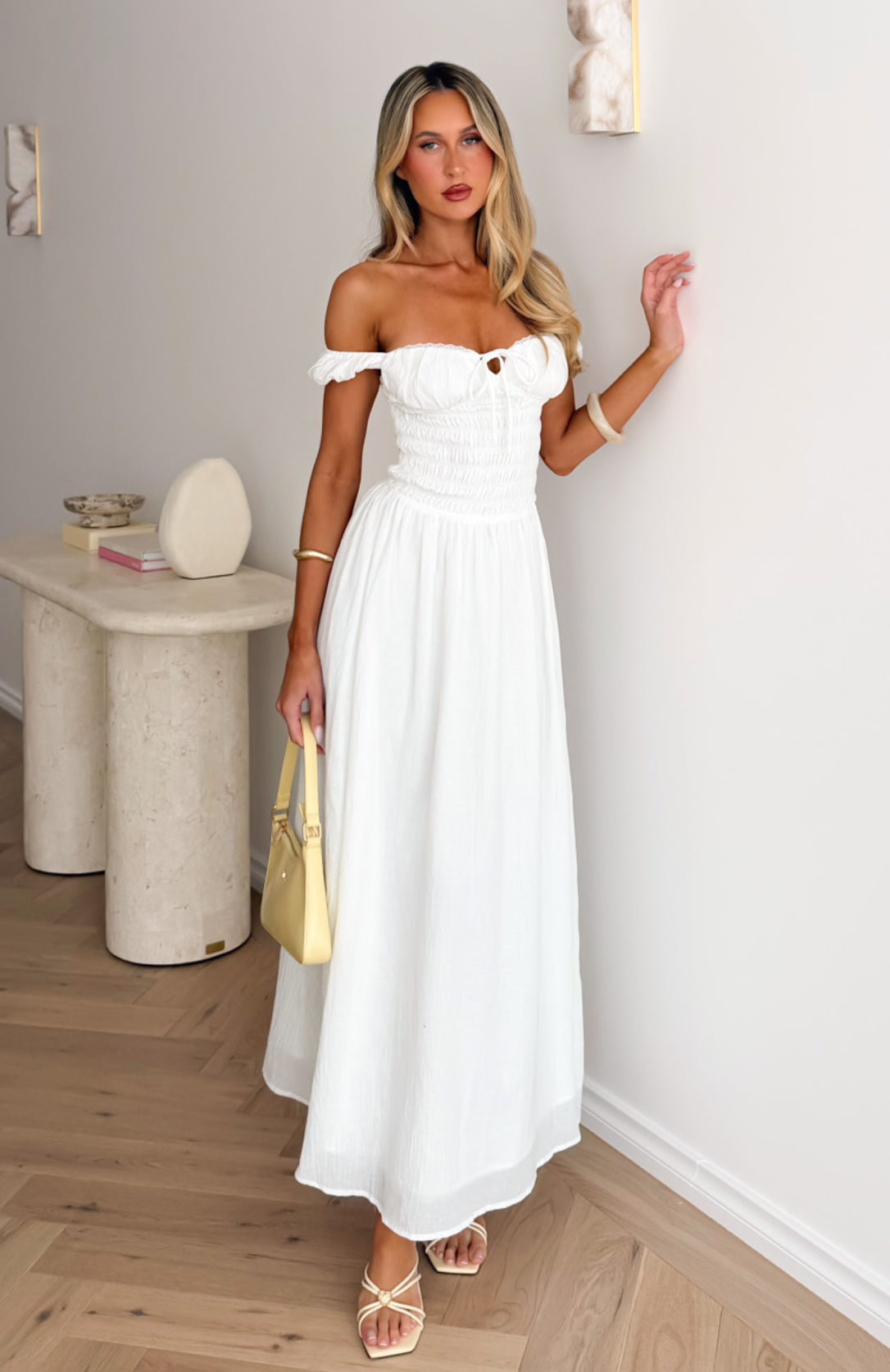off the shoulder maxi dress uk High Views Off Shoulder Maxi Dress White