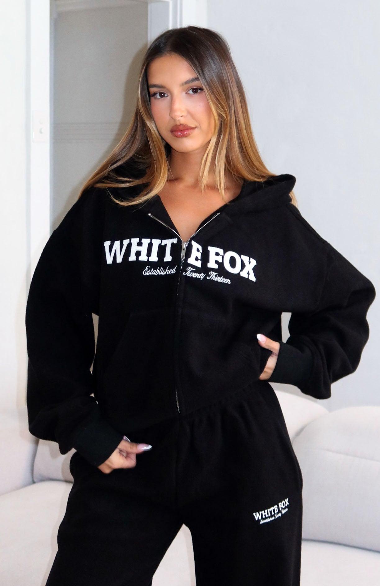 Just For Now Fleece Boxy Zip Front Hoodie Black | White Fox