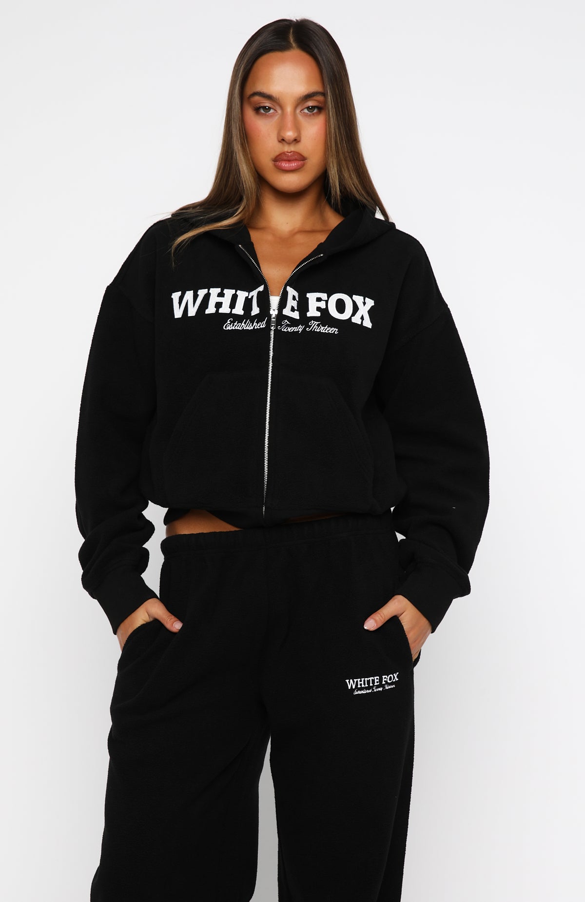 Just For Now Fleece Boxy Zip Front Hoodie Black | White Fox