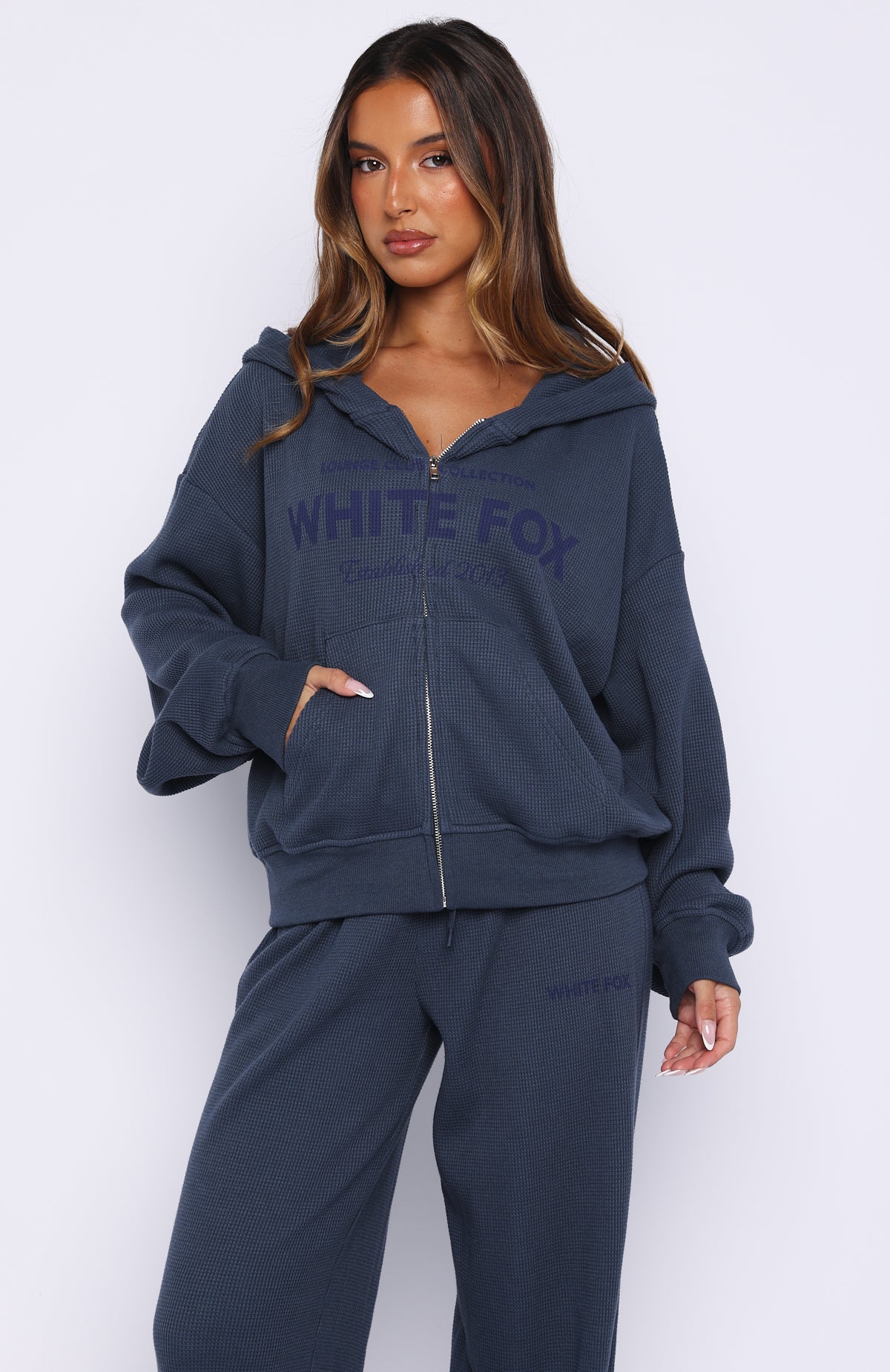 Ameri◆RECOVER WAFFLE PANTS、HOODIE set Leave Me Out Of It Waffle Boxy Zip Front Hoodie Navy | White Fox