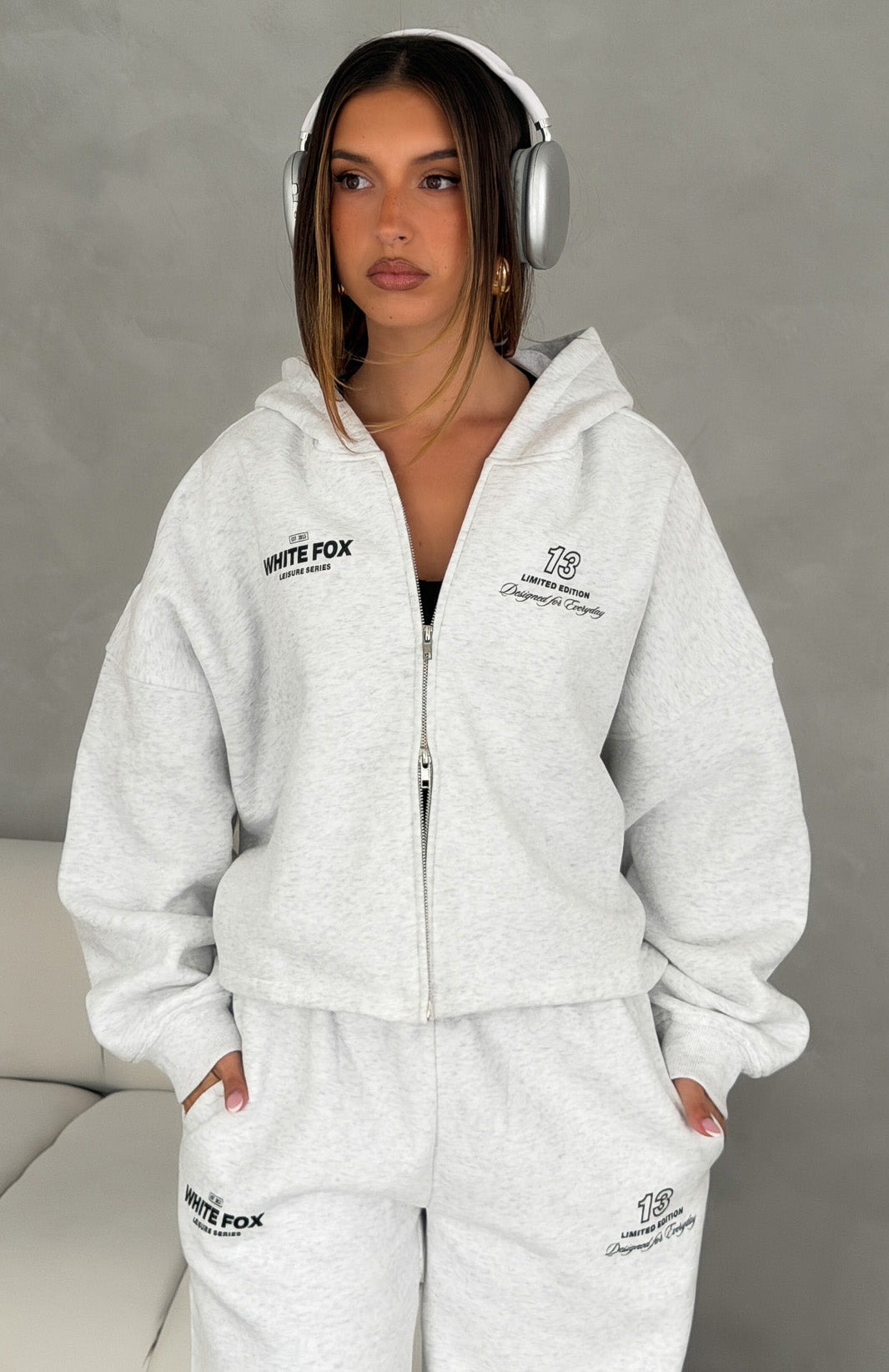 MY WEAKNESS スウェット Never Missed Oversized Slouch Zip Front Hoodie Grey Marle | White