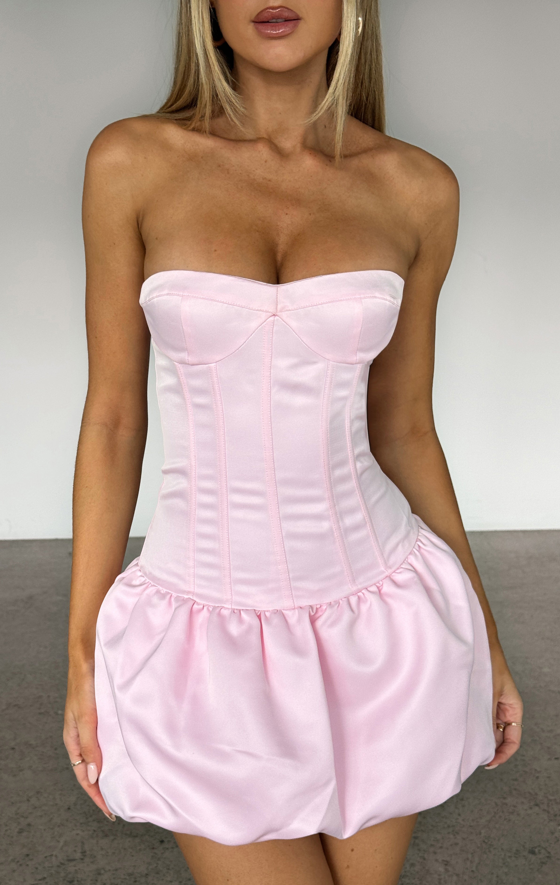 Princess Era Strapless Mini Dress Baby Pink White Fox Boutique UK