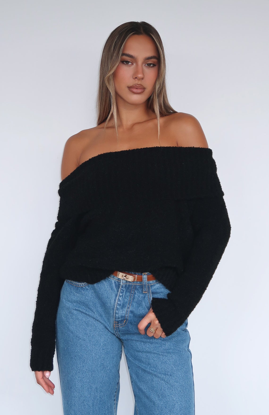 You Don't Need Me Off Shoulder Knit Sweater Black | White Fox