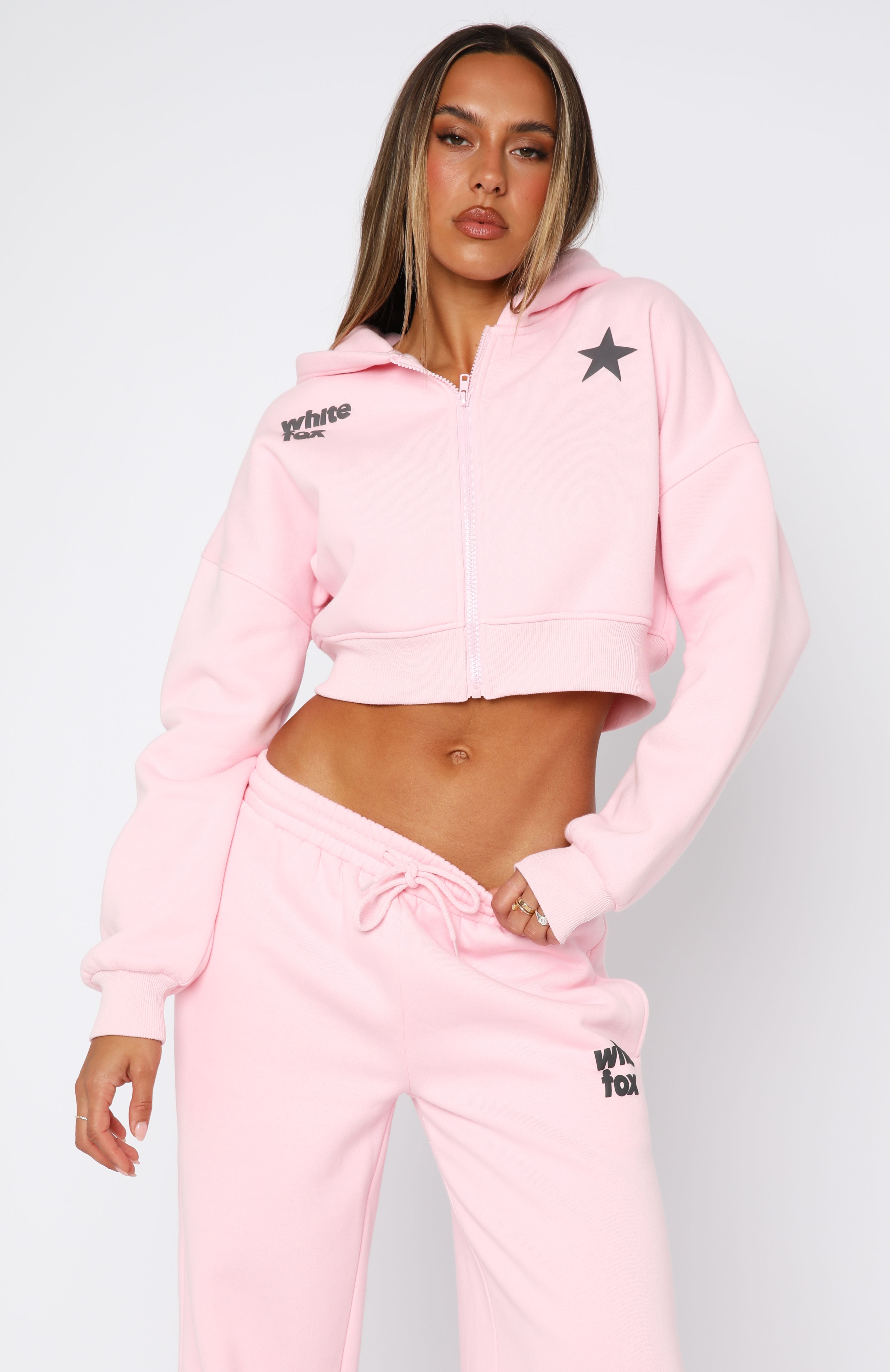From The Archives Charli Cropped Zip Front Hoodie Pink | White Fox