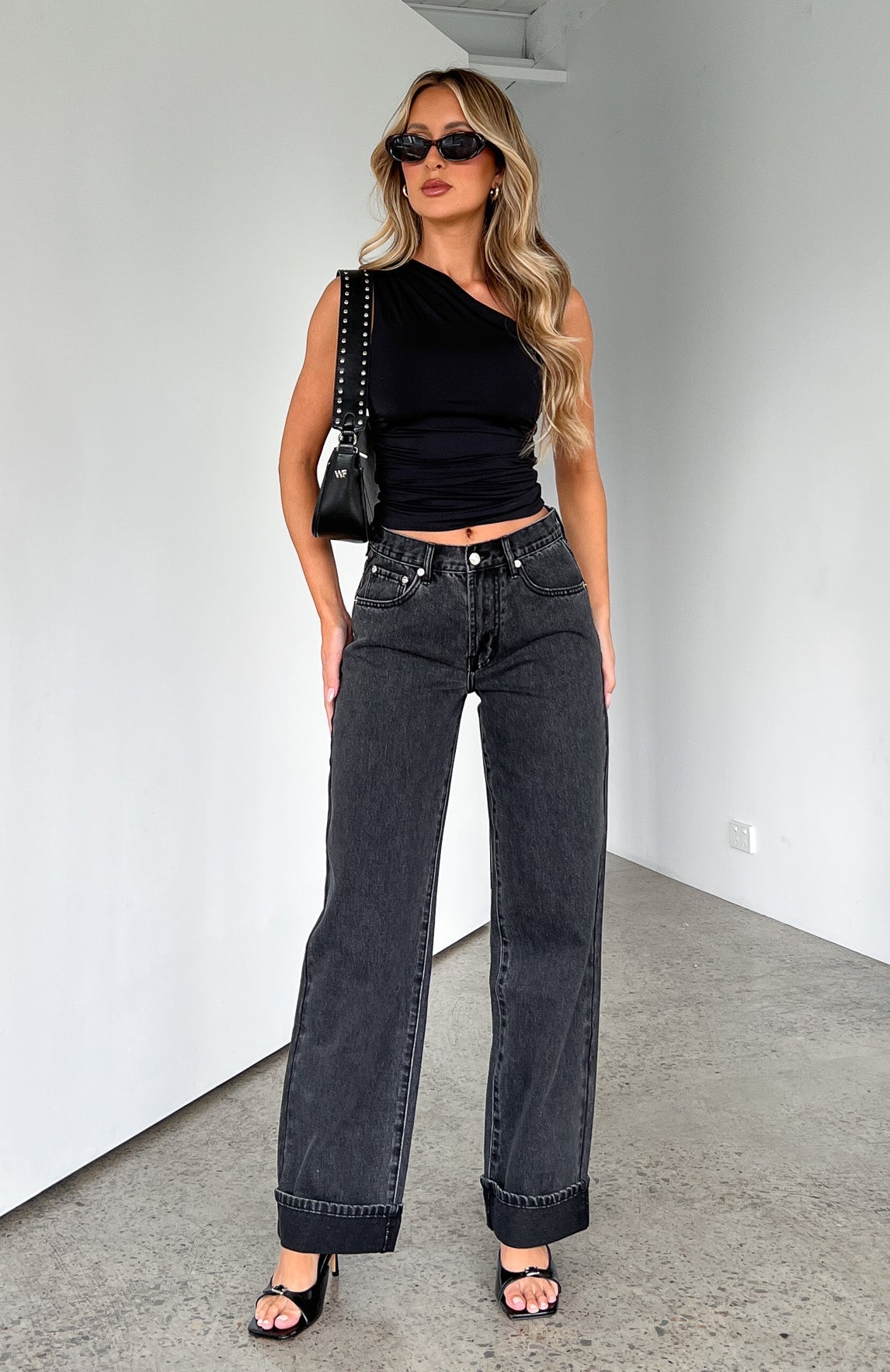 Always Be Yourself Low Rise Straight Leg Jeans Black Acid Wash White Fox Boutique UK