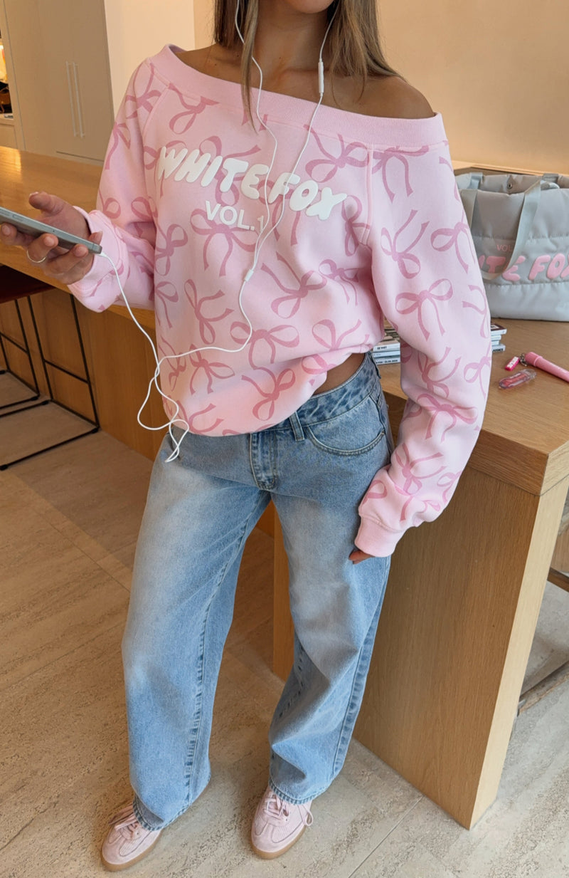 Vol. 1 Off Shoulder Printed Sweater Posy Bow