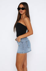 Know It All Low Rise Denim Mini Skirt Mid Blue