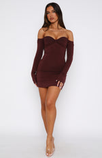 Running Out Of Time Off Shoulder Long Sleeve Mini Dress Chocolate