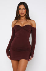 Running Out Of Time Off Shoulder Long Sleeve Mini Dress Chocolate