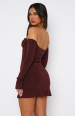 Running Out Of Time Off Shoulder Long Sleeve Mini Dress Chocolate