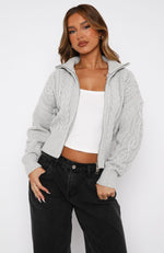 All At Once Zip Front Knit Sweater Grey Marle