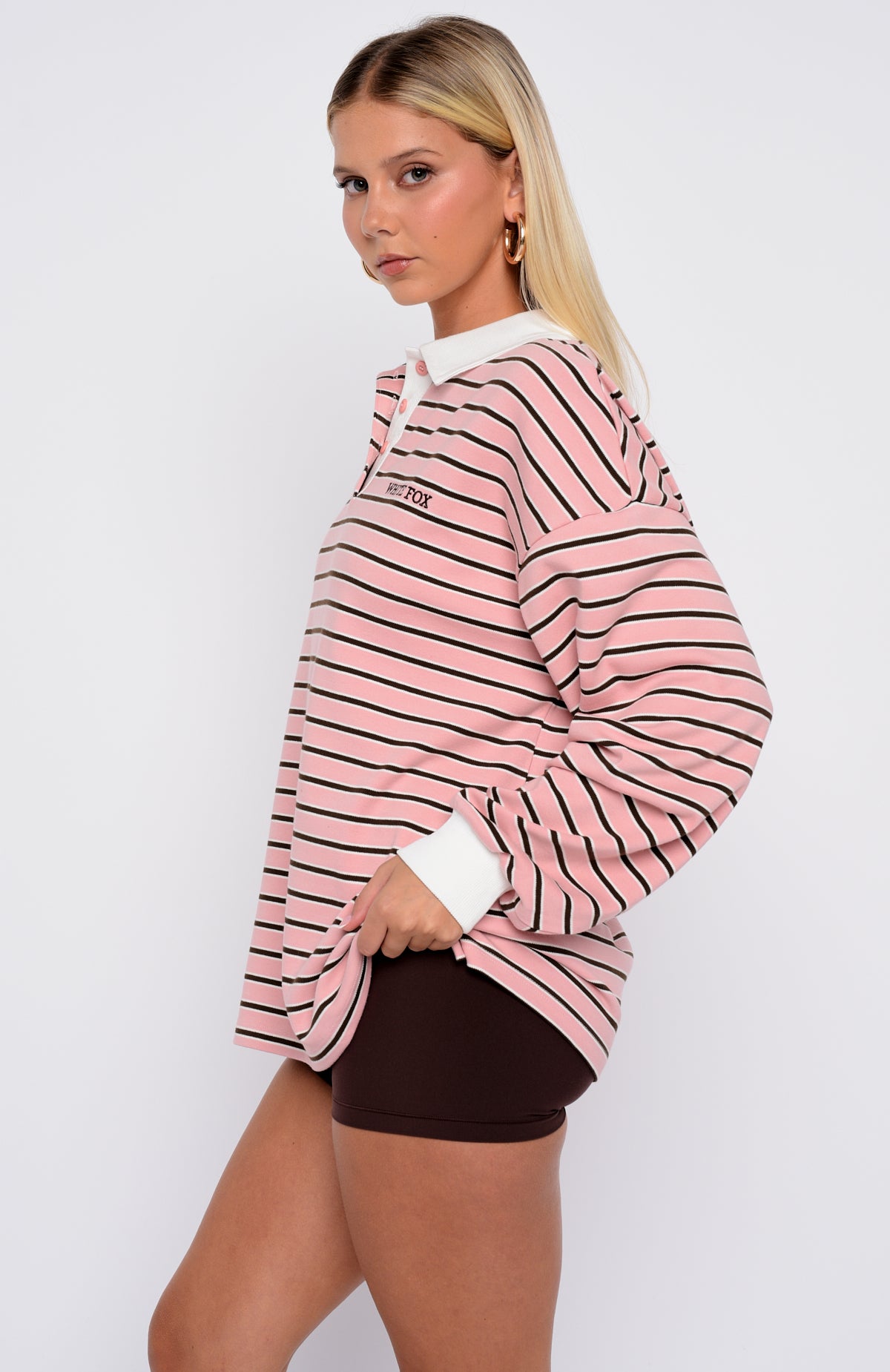 Out Again Long Sleeve Rugby Shirt Pink/Chocolate Stripe | White Fox ...