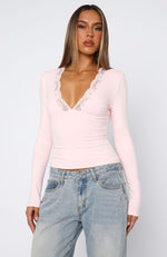 Knew That All Along Long Sleeve Lace Trim Top Baby Pink