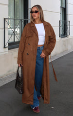 Crowned Chaos Faux Suede Trench Almond