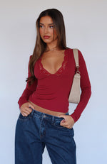 Knew That All Along Long Sleeve Lace Trim Top Wine