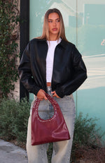 Might Cause Trouble PU Bomber Jacket Black
