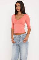 Little Bit Of Everything 3/4 Sleeve V Neck Top Peach