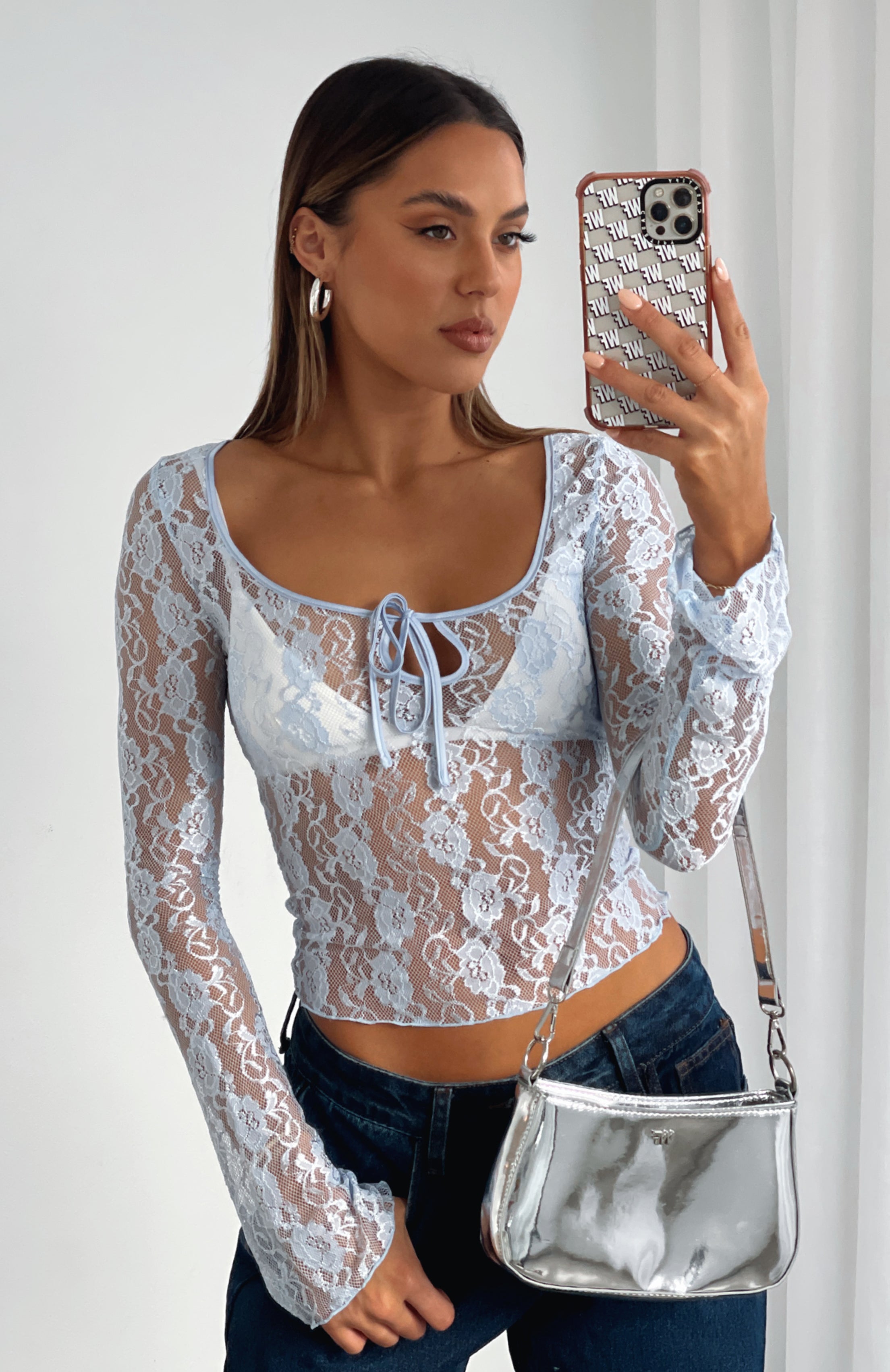 Take Command Long Sleeve Lace Top Baby Blue | White Fox Boutique