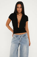 Almost Told You Short Sleeve Cowl Neck Top Black
