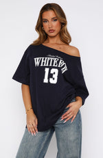 Everything In Time Off Shoulder Oversized Tee Navy