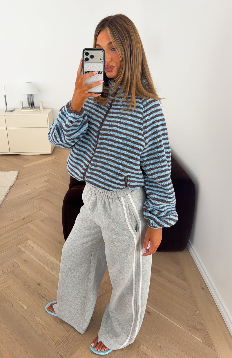 Everything Moves Forward Fleece Zip Front Sweater Blue Stripe