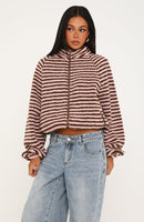 Everything Moves Forward Fleece Zip Front Sweater Pink Stripe
