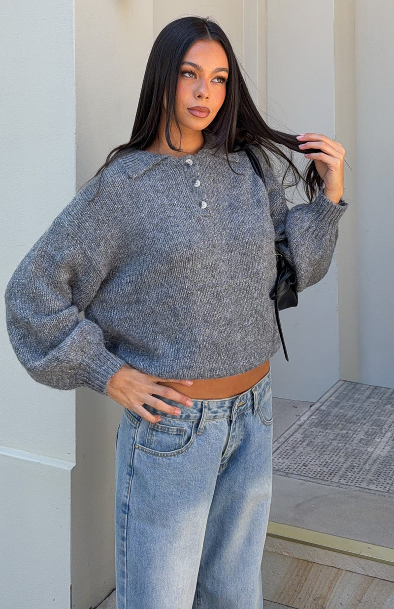 Ottilie Henley Knit Sweater Charcoal